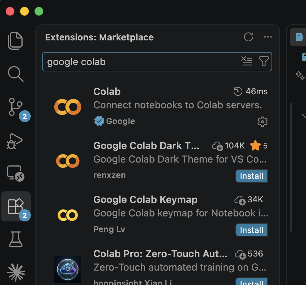 VS Code Extensions panel searching 'google colab' — the official Colab extension by Google at the top, above several lookalikes