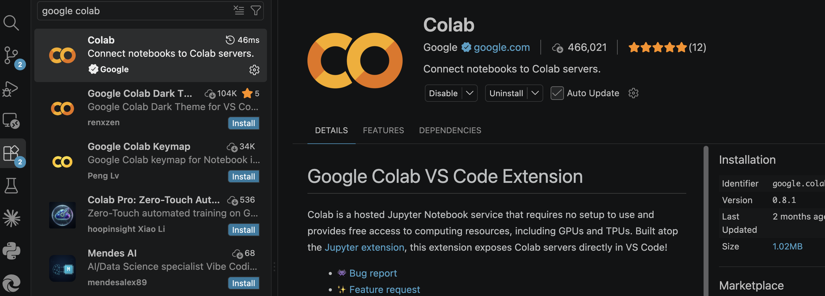 The Colab extension details page: publisher Google, 466k installs, identifier google.colab