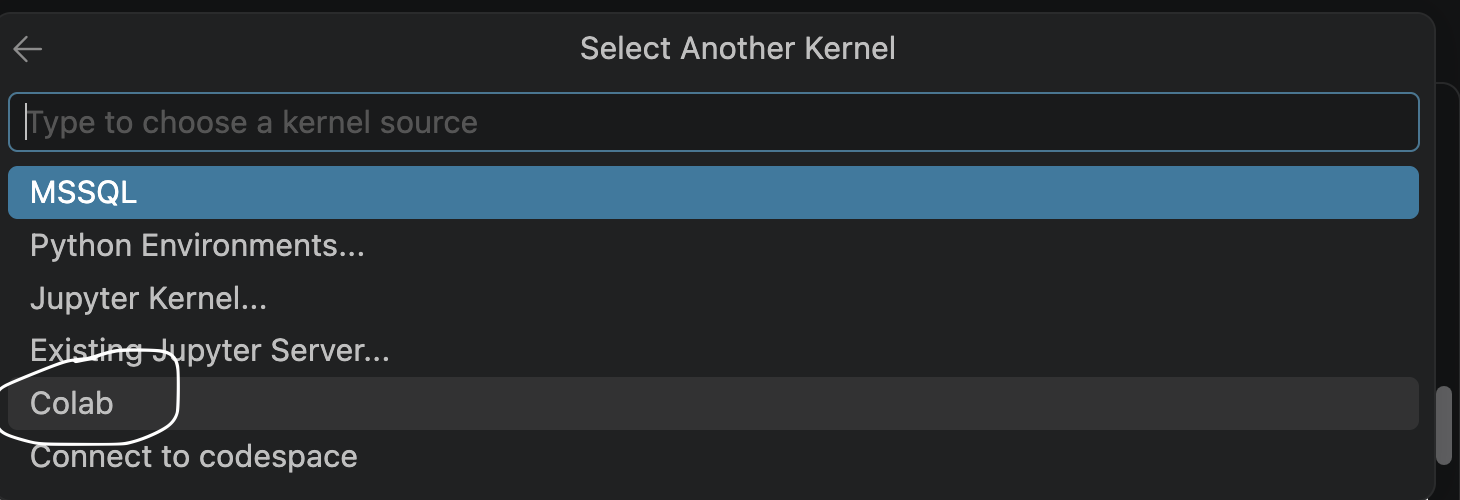The 'Select Another Kernel' list with Colab as a kernel source