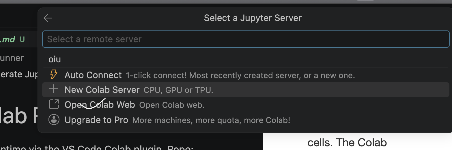The 'Select a Jupyter Server' menu: Auto Connect, New Colab Server, Open Colab Web, Upgrade to Pro