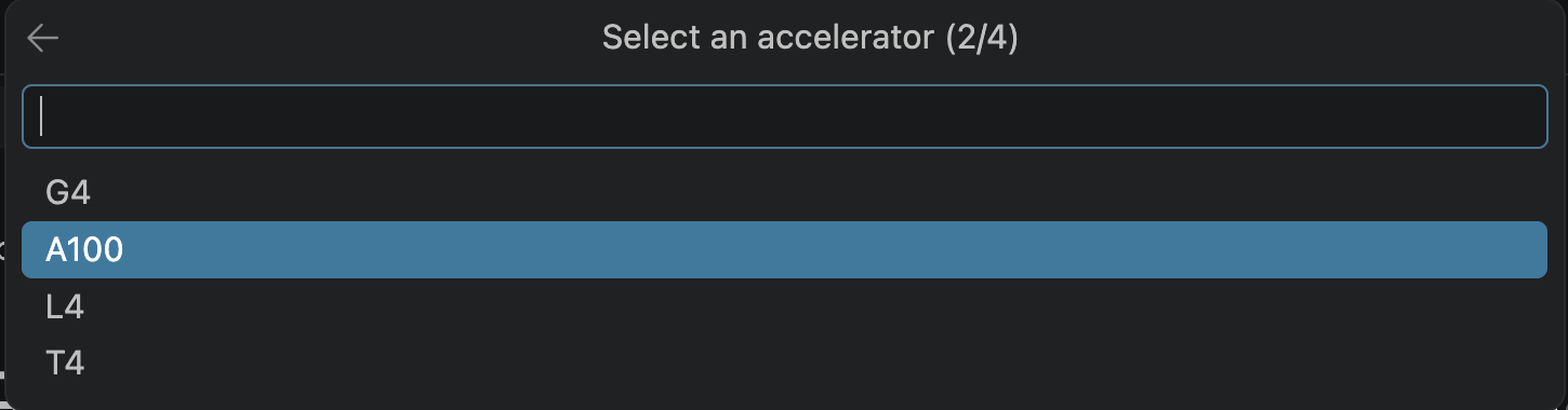 Wizard step 2: select an accelerator — G4, A100, L4, or T4