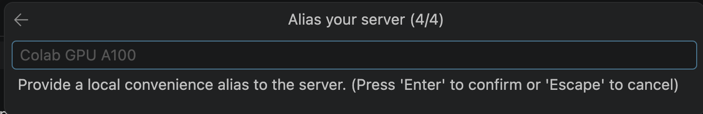 Wizard step 4: alias your server with a friendly name like 'Colab GPU A100'